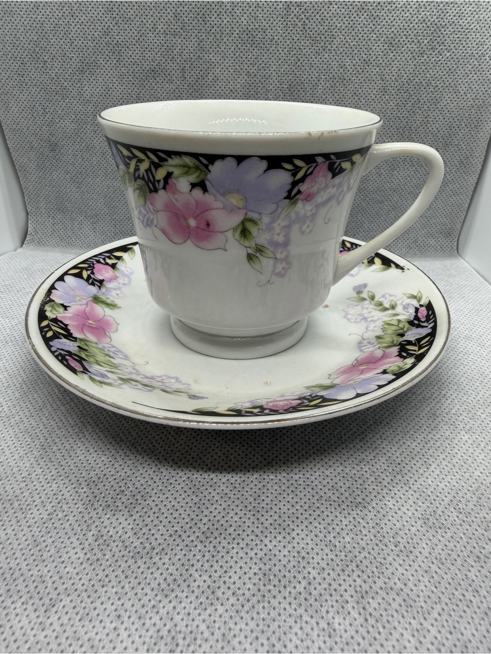 Floral Porcelain Teacup & Saucer Set Pink Purple Flowers